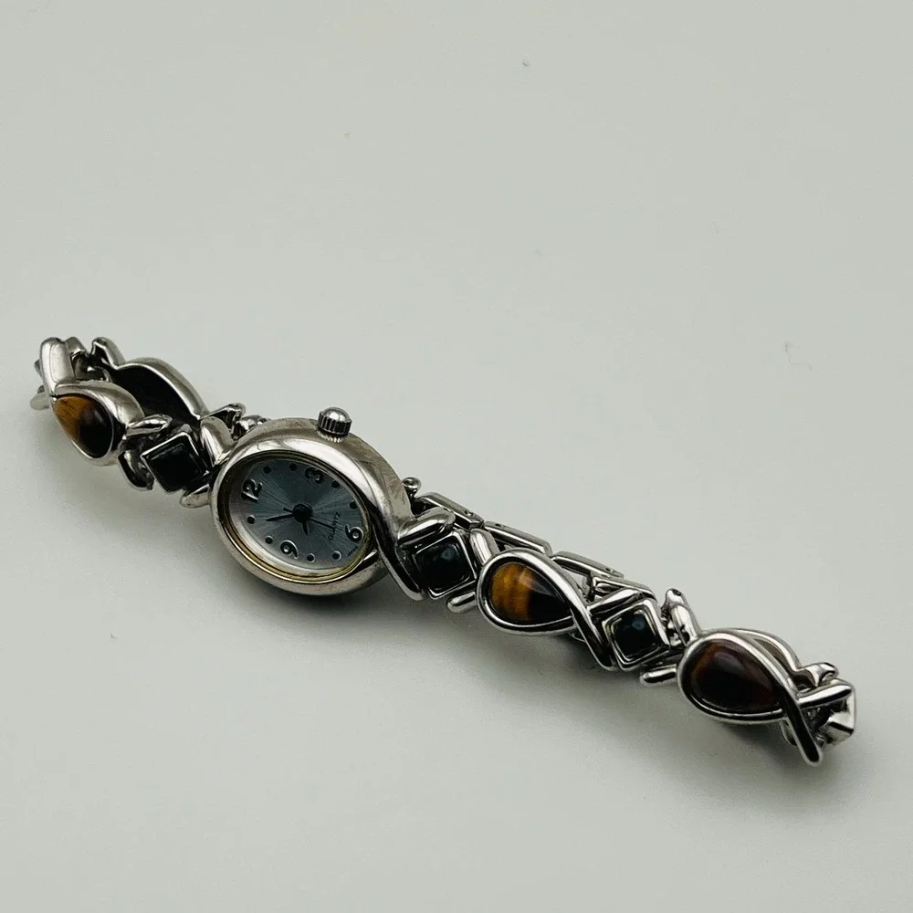 Vintage Avon Watch Tigers Eye and Onyx Silver Tone Timeless Beauty Not Running